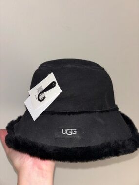 UGG Black Suede Bucket Hat with Shearling Trim